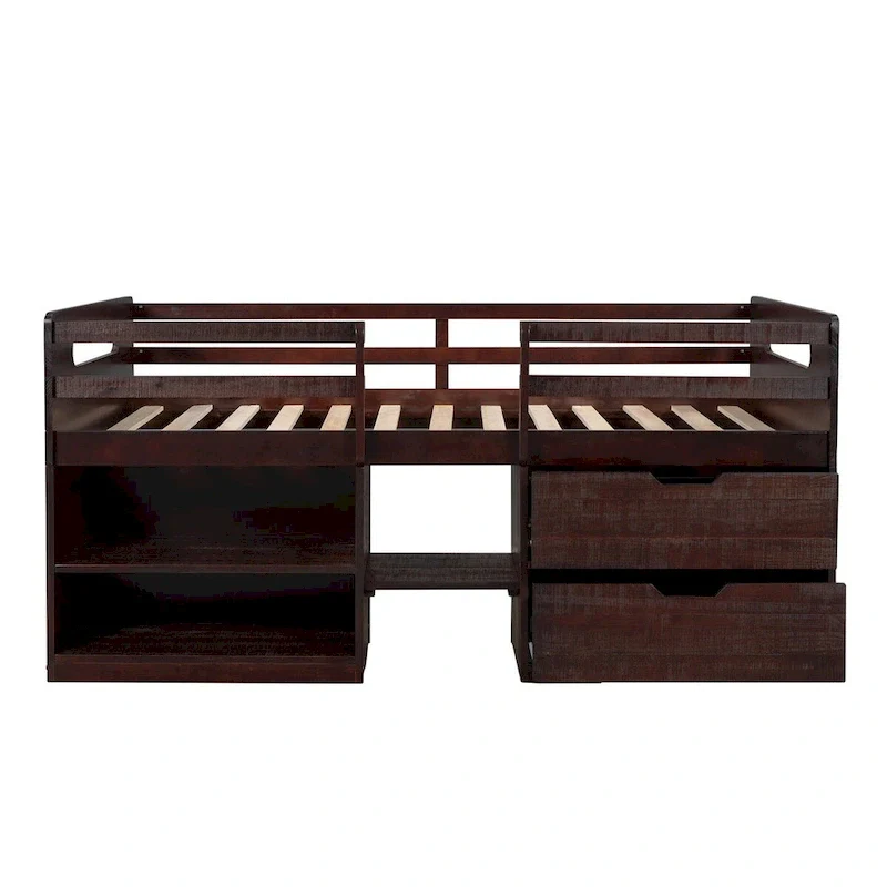 Solid Wood Twin Size Loft Bed with Dual Shelves and Two Drawers for Storage