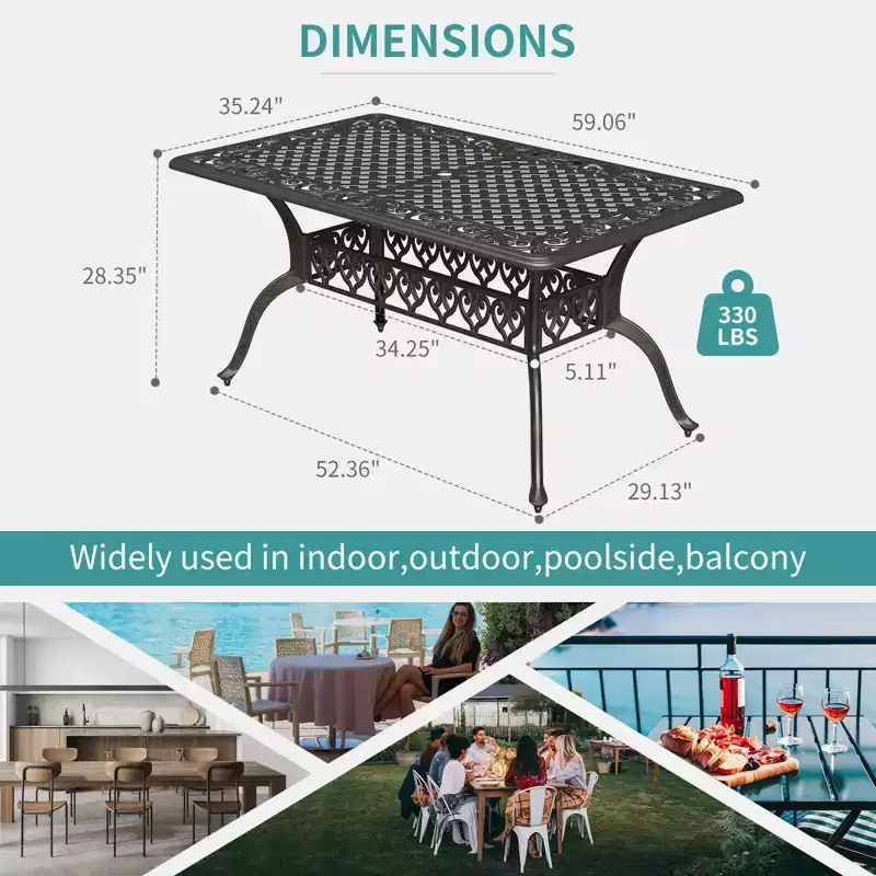 59x35 Outdoor Dining Table for 6, Cast Aluminum Patio Table with Umbrella Hole, Weather Resistant, for Garden, Backyard, Poolside, Vintage Bronze