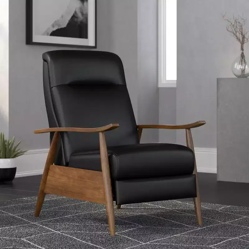 Press-Back Recliner Chair, Faux Leather, Wood Frame