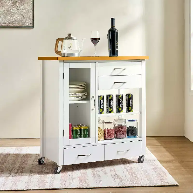 Kitchen Island Cart with Walnut Wood Top, Drawers, and Wheels for Flexible Storage