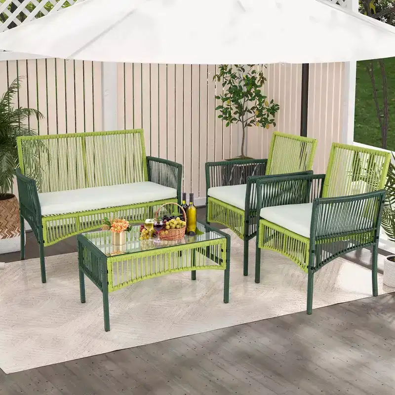 Costway 4PCS/8PCS Patio Round Wicker Conversation Set with Cushions Tempered Glass SideTable