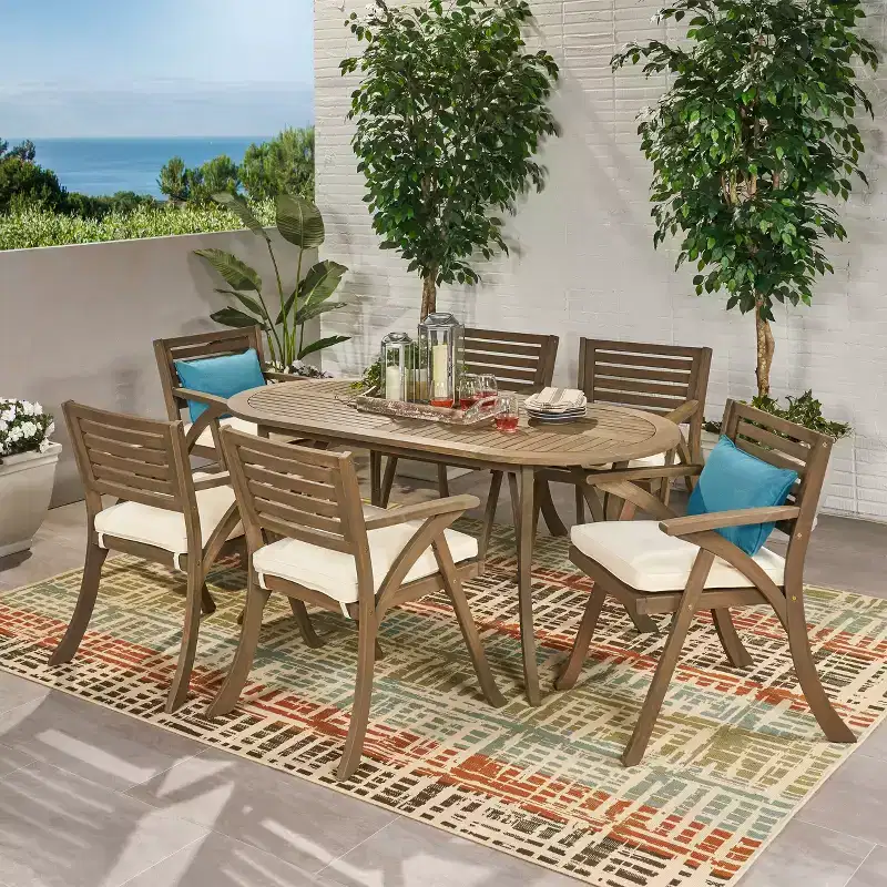 GDFStudio Zhana Outdoor Acacia Wood 7 Piece Dining Set with Cushion