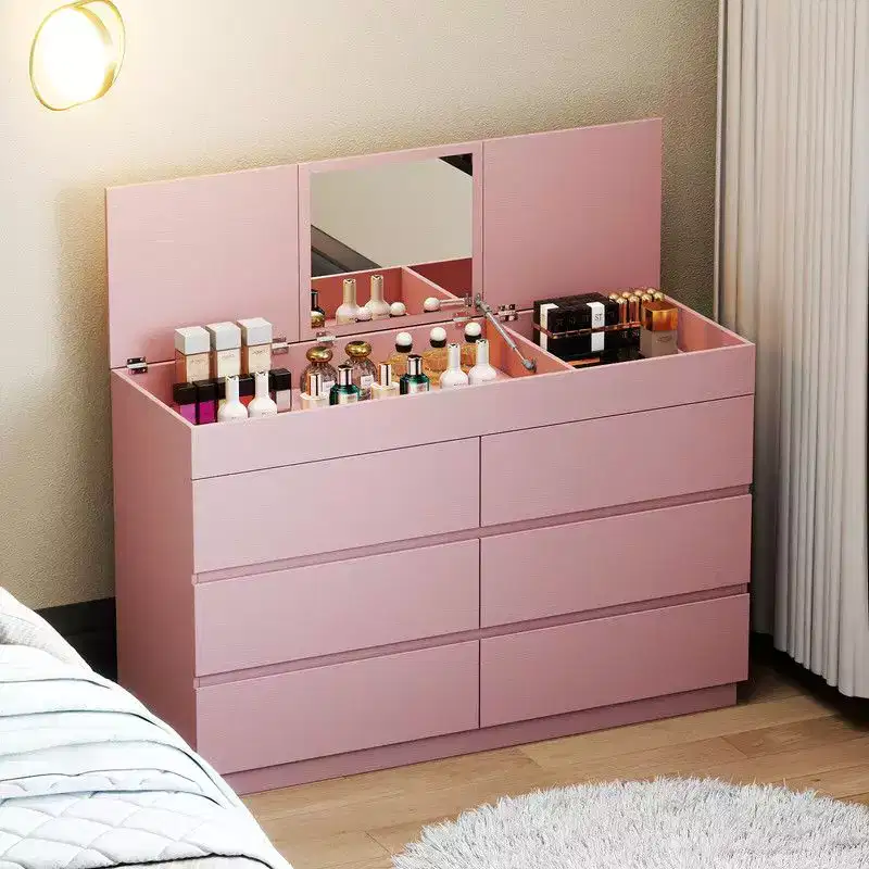 Karl Home Pink Embossed 6 Drawer Dresser with Mirror P2 12MM Particleboard with Melamine 47.22In. W