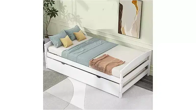 Wood Daybed with Trundle, Twin Size Platform Bed, Space-Saving Frame for Kids and Guests White One Size