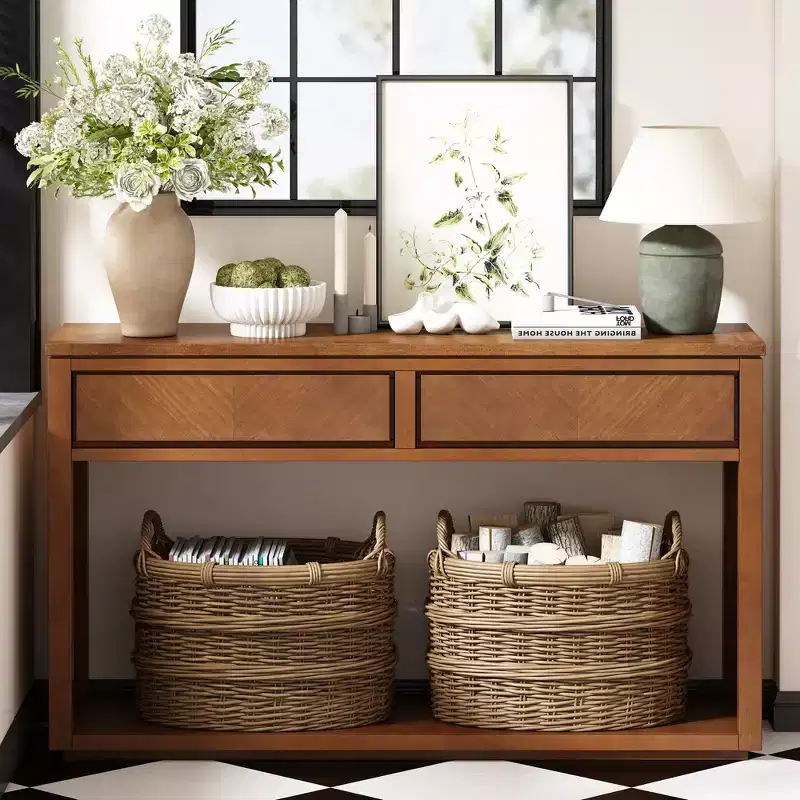 Rustic Console Table with Storage, Farmhouse Entryway Table with Drawers and Open Shelf, Wood Vintage Sofa Table for Hallway
