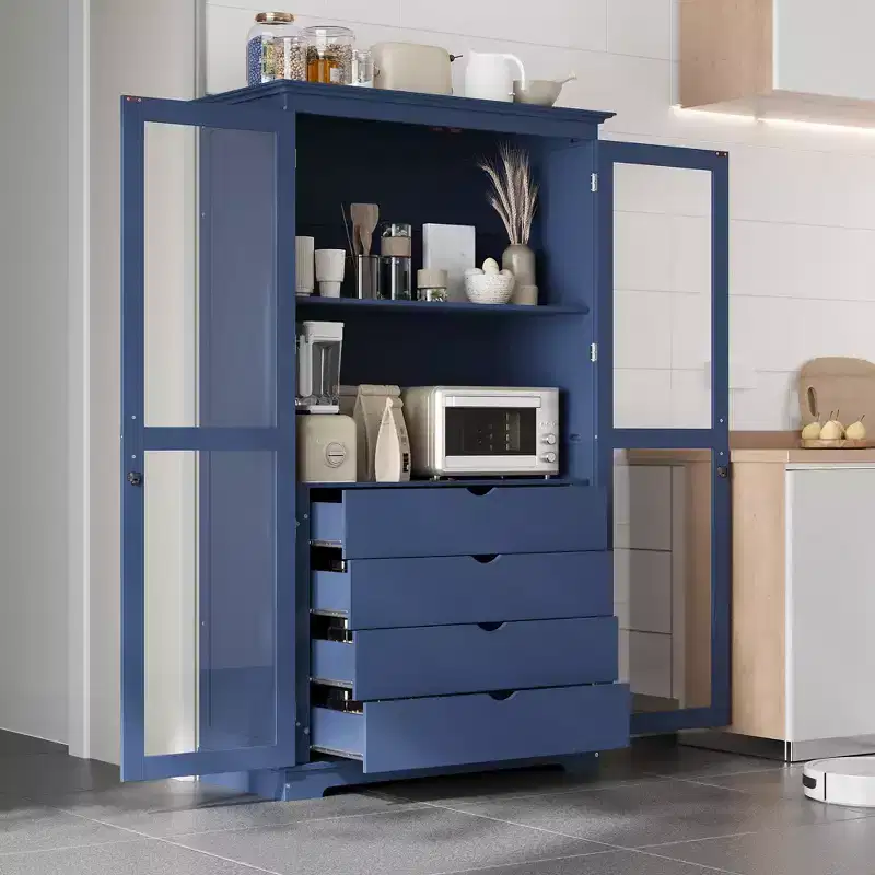44.7x20x75 Inch Kitchen Pantry Cabinet with Glass Doors and 4 Drawers, Freestanding Storage Cabinet for Kitchen, Dining Room, Living Room
