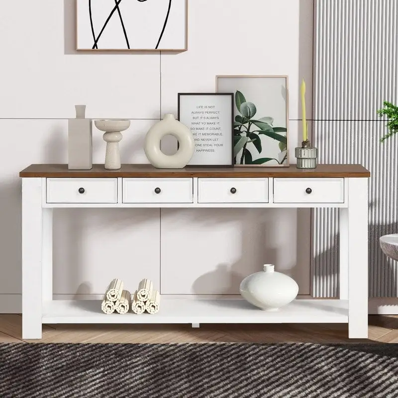 Pine Wood Console Table with 4 Drawers and Bottom Shelf - 63W