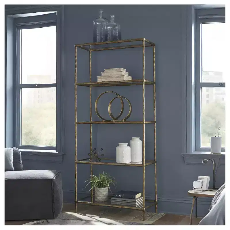 Ryandale 73 Bookcase, Antique Brass Finish Metal Frame with Clear Glass Shelves, Modern Industrial 5-Shelf Display