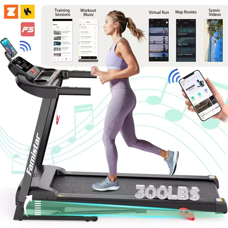 3.75HP Folding Treadmill with 300lbs Capacity, 71 Programs Treadmill for Home with Incline, Intelligent APP control, Bluetooth & HiFi Stereo Speakers