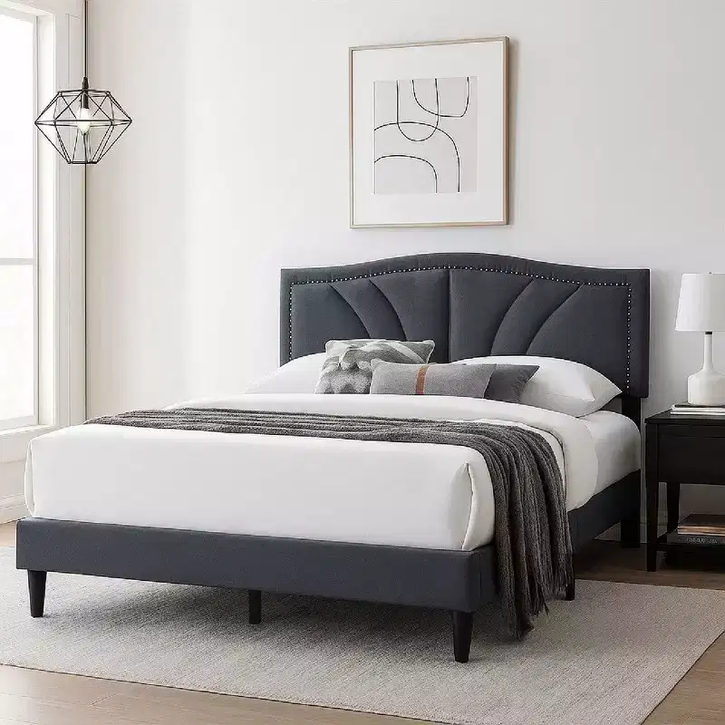 Royal Hampton Queen Size Bed, Charcoal Gray Burlap Upholstered Curved Headboard