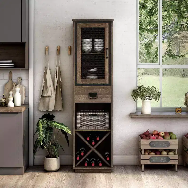 Farmhouse 1 Drawer Tower Cabinet with Wine Rack and Shelves
