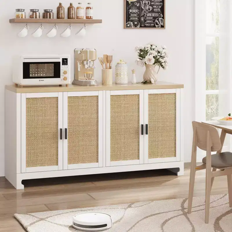 Rattan Storage Cabinet, Sideboard Buffet Cabinet with 4 Doors and Shelves, for Dining Room, Kitchen, Living Room and Entryway, Contrast Color