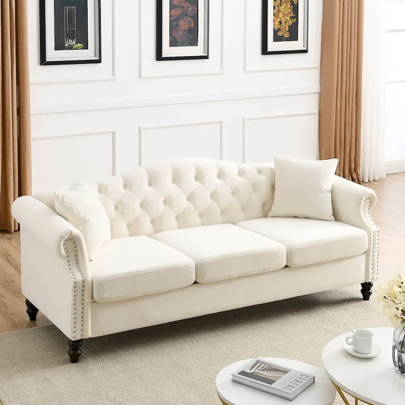 Chesterfield 3-Seater Upholstered Tufted Sofa with Rolled Arms and Nailhead