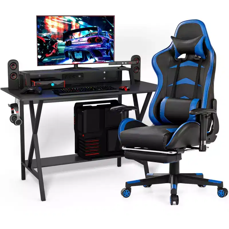 Gaming Desk & Massage Chair Set with Footrest, Monitor Shelf and Power Strip – Blue