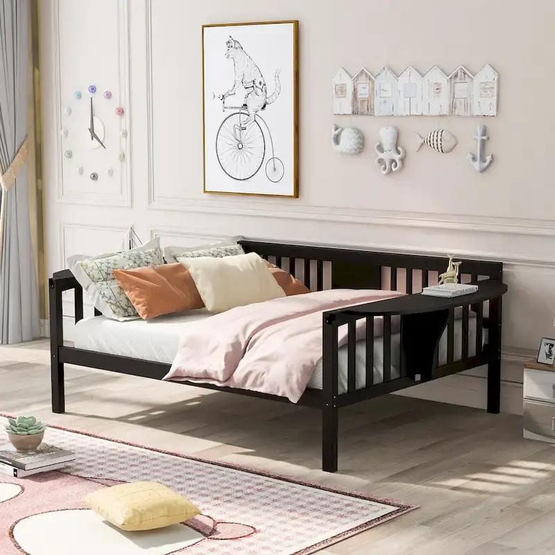 Black Full Size Wooden Daybed with Storage Rack Handrail - No Box Spring Needed