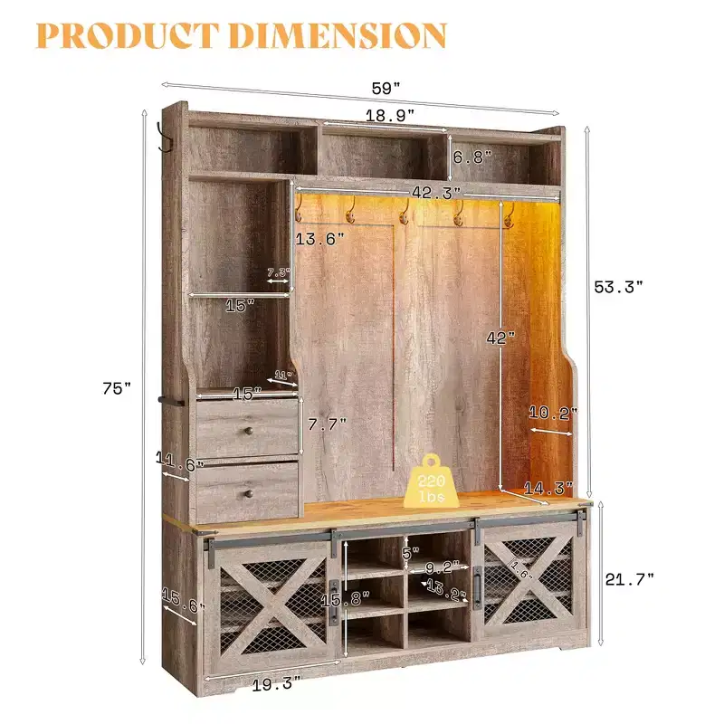 AMERLIFE 7-in-1 Farmhouse Hall Tree with Bench and Shoe Cabinet, LED Entryway Organizer with Drawers