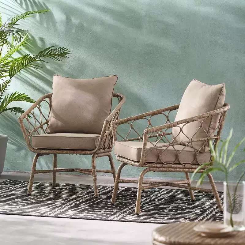 GDFStudio Colmar Outdoor Wicker and Iron Club Chairs with Cushions (Set of 2), Light Brown/Beige