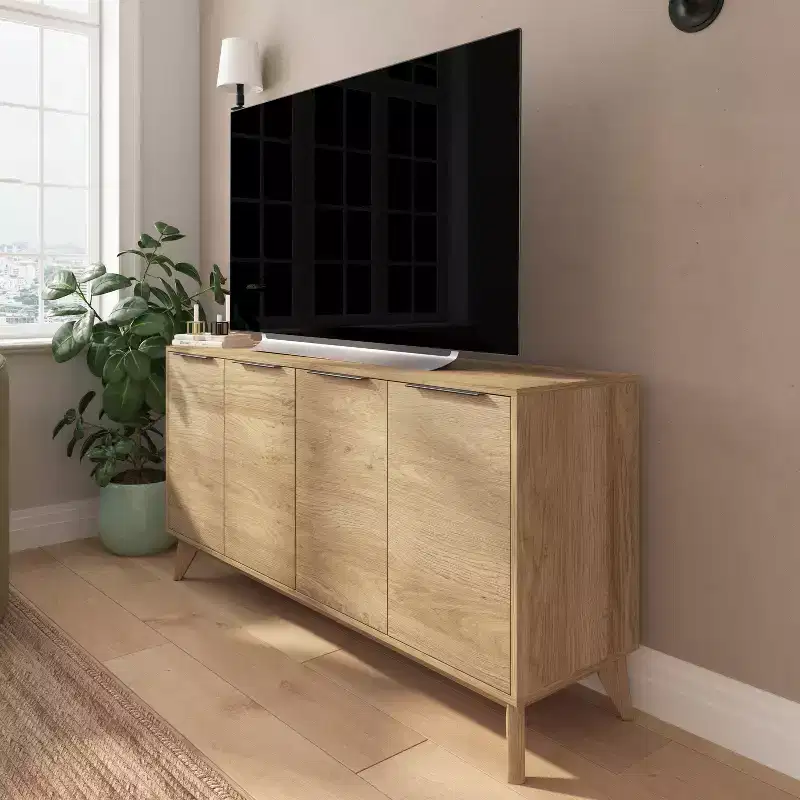 Mid-Century Modern Four Door Buffet, TV Stand with Shelving
