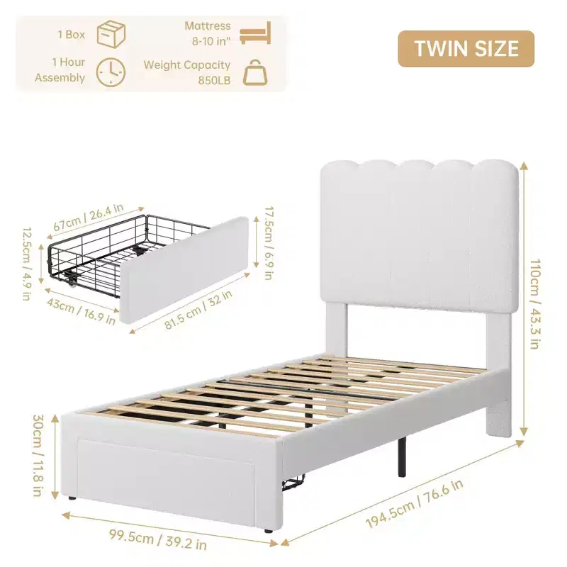Twin Bed Frame with Storage Drawer and Headboard, Velvet Upholstered Twin Platform Bed Frame for Girls, Strong Wooden Slats Support, Noise-Free