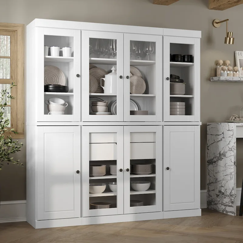100% Solid Wood Kitchen China Pantry Buffet with Glass or Solid Wood Doors and 2-Drawer Kit 65 x 71.5
