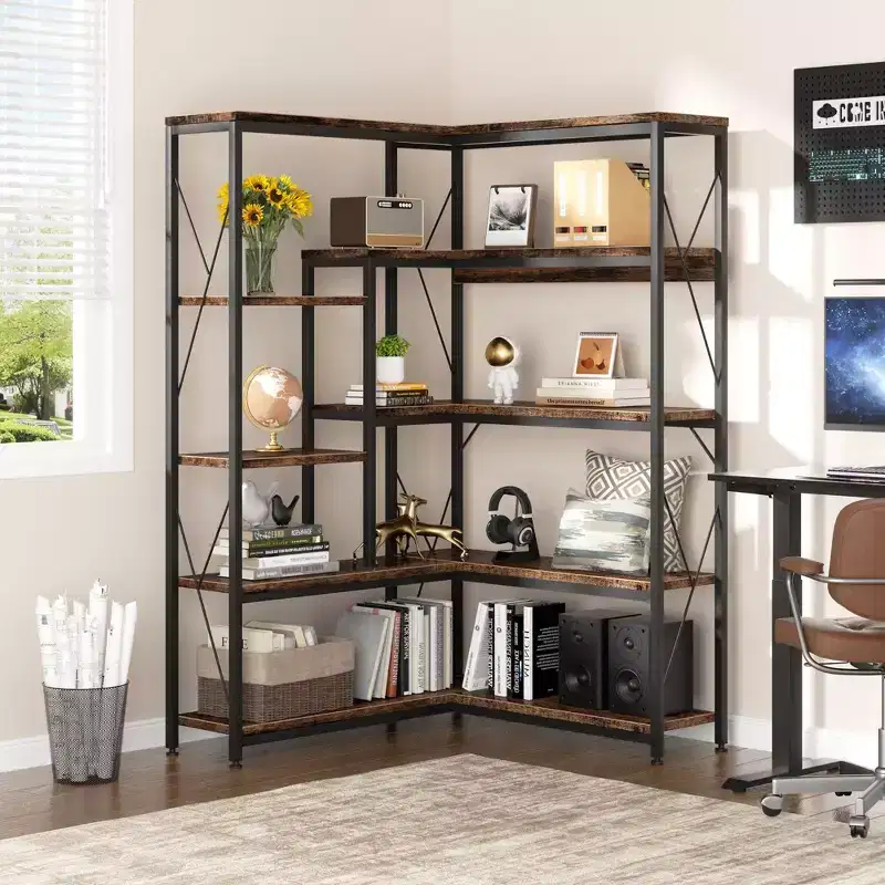 Celebalcony 5 Tiers Corner Bookshelf, 70.86 Tall L-Shaped Bookcase, Corner Shelf Display Storage Rack with Metal Frame for Living Room Home Office