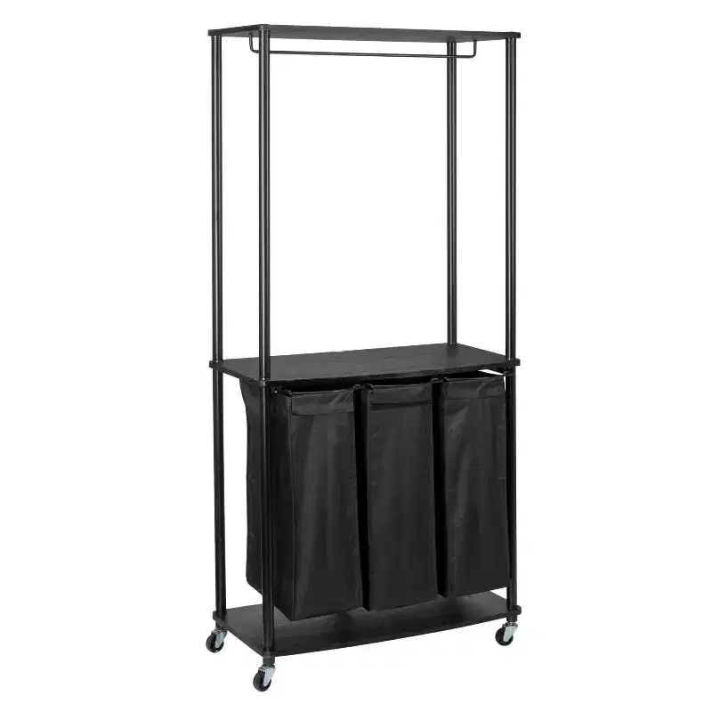 3-Bag Laundry Center, Smooth Laminate Shelving, Sturdy Steel Frame, Hanging Bar, Wheeling and Stationary Feet Options