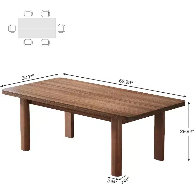 Farmhouse Wood Dining Table for 4-6 People, Large Rectangle Kitchen Table, with Solid Wood Legs for Dining Room, Brown
