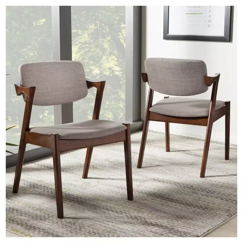 Set of 2 Light Gray & Walnut Brown Mid-Century Dining Armchairs