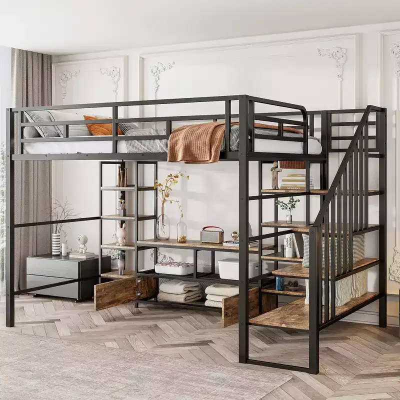 Full Size Metal Loft Bed Frame with Staircase, Metal Bed Frame with Low Storage Table and Shelves for Kids Teens Adults
