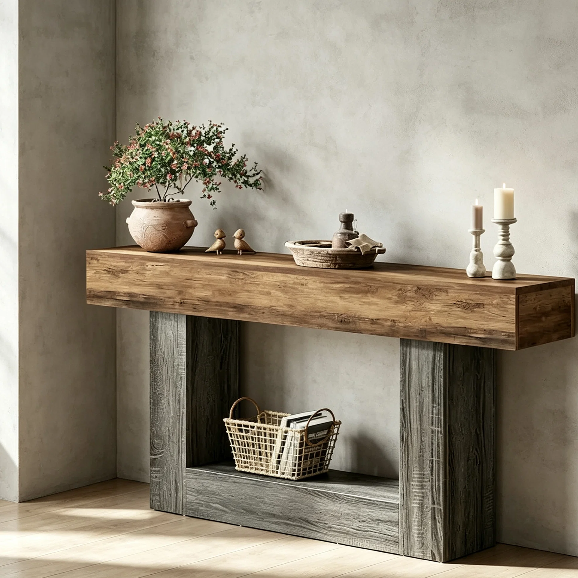63 Inches Brown and Gray Narrow Long Wood Console Table for Entryway