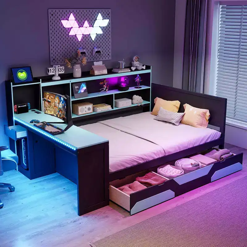 Full/Queen Gaming Daybed with Bookcase Headboard, LED Lights, Integrated Desk, Drawers and Charging Station