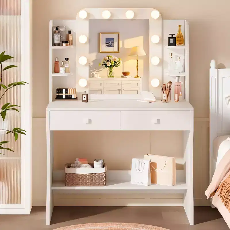 Small Vanity Desk, Vanity with Power Outlet, 3 Lighting Modes & 10 LED Bulbs