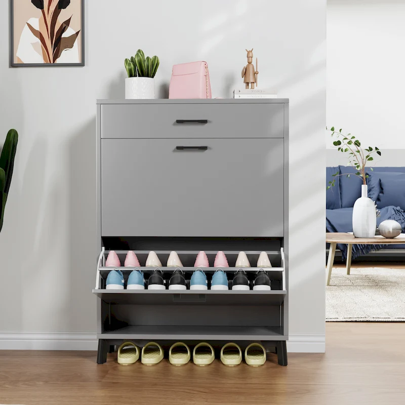 Shoe Storage Cabinet for Entryway, Free Standing Shoe Organizer with 2 Flip Drawers, Hidden Shoe Rack Storage Organizer