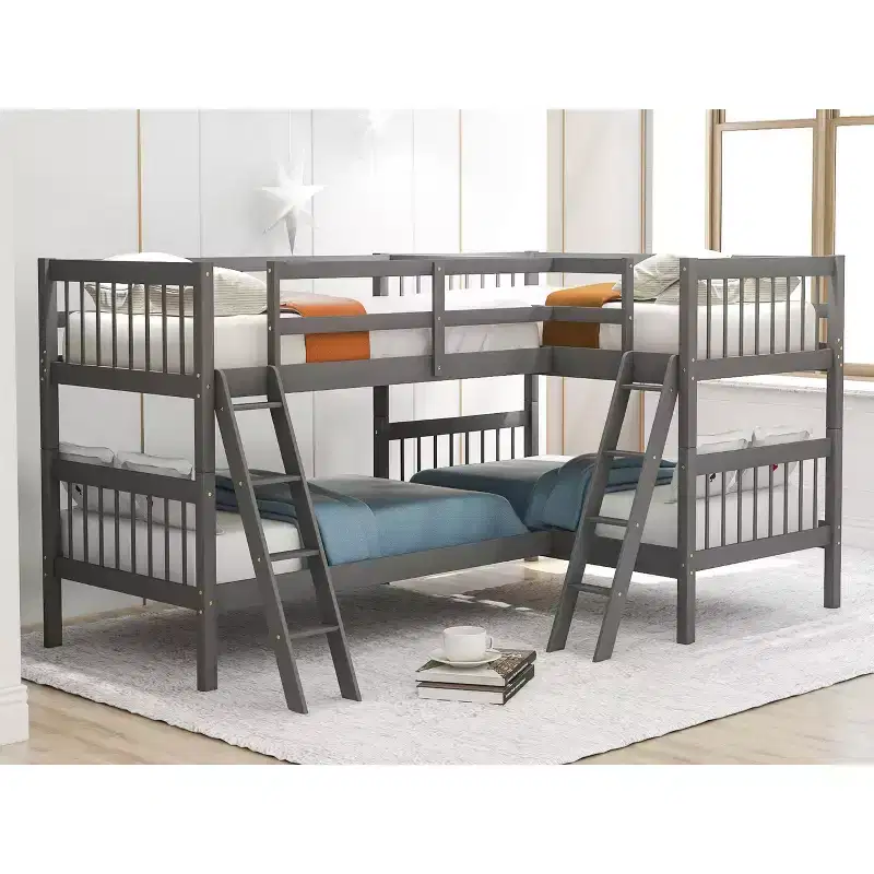 Twin-Over-Twin L-Shaped Bunk Bed with Ladder