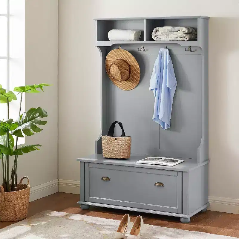 4-In-1 Entryway Hall Tree with Coat Rack, Storage Bench, Coat Hooks, and Open ShelvesFarmhouse Shoe Bench for Mudrooms and Hallways