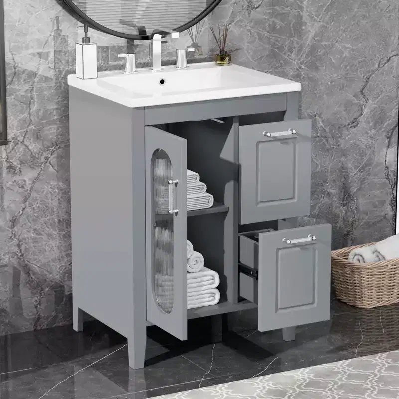MAYEERTY 24 Bathroom Vanity with Sink 2 Drawers 1 Door Adjustable Shelf Solid Wood MDF White