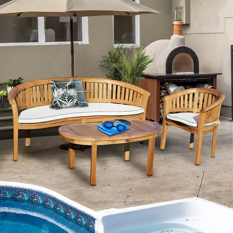 Chic Teak Peanut 3 Piece Teak Wood Patio Lounge Set, Triple Bench, Chair & Coffee Table