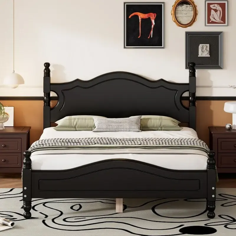 Retro Wood Platform Bed Frame with Wooden Slat Support