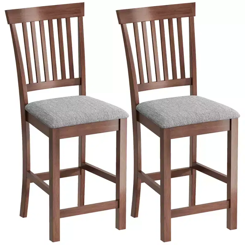 HOMCOM Bar Stools Set of 2, Modern Upholstered Barstools with High Back and Rubberwood Legs, Counter Height Kitchen Chairs, Gray and Dark Brown
