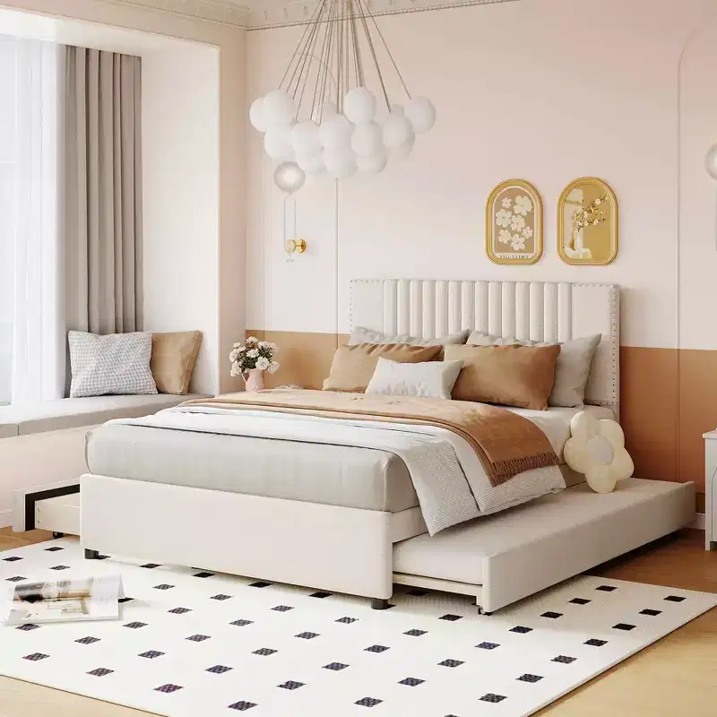 Upholstered Platform Bed with 2 Drawers & Trundle, 400lbs Capacity MDF Plywood Frame