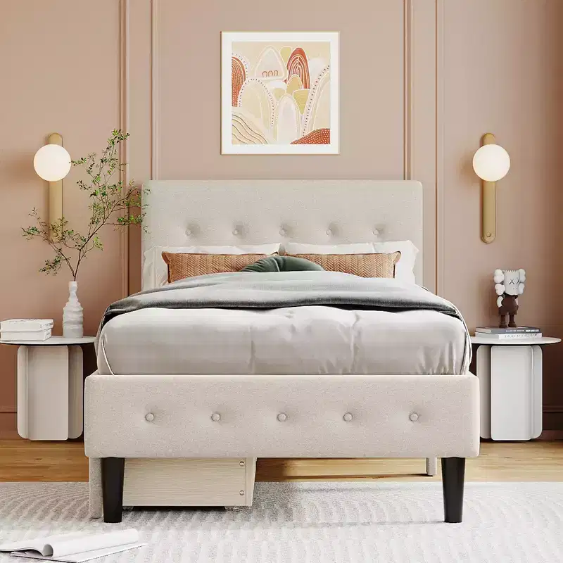 Twin Size Upholstered Platform Bed with 2 Storage Drawers, Twin Wooden Bed Frame for Bedroom