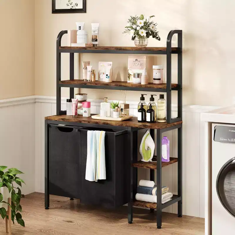 Metal Laundry Sorter with 2 Pull-Out Bags & Storage Shelves