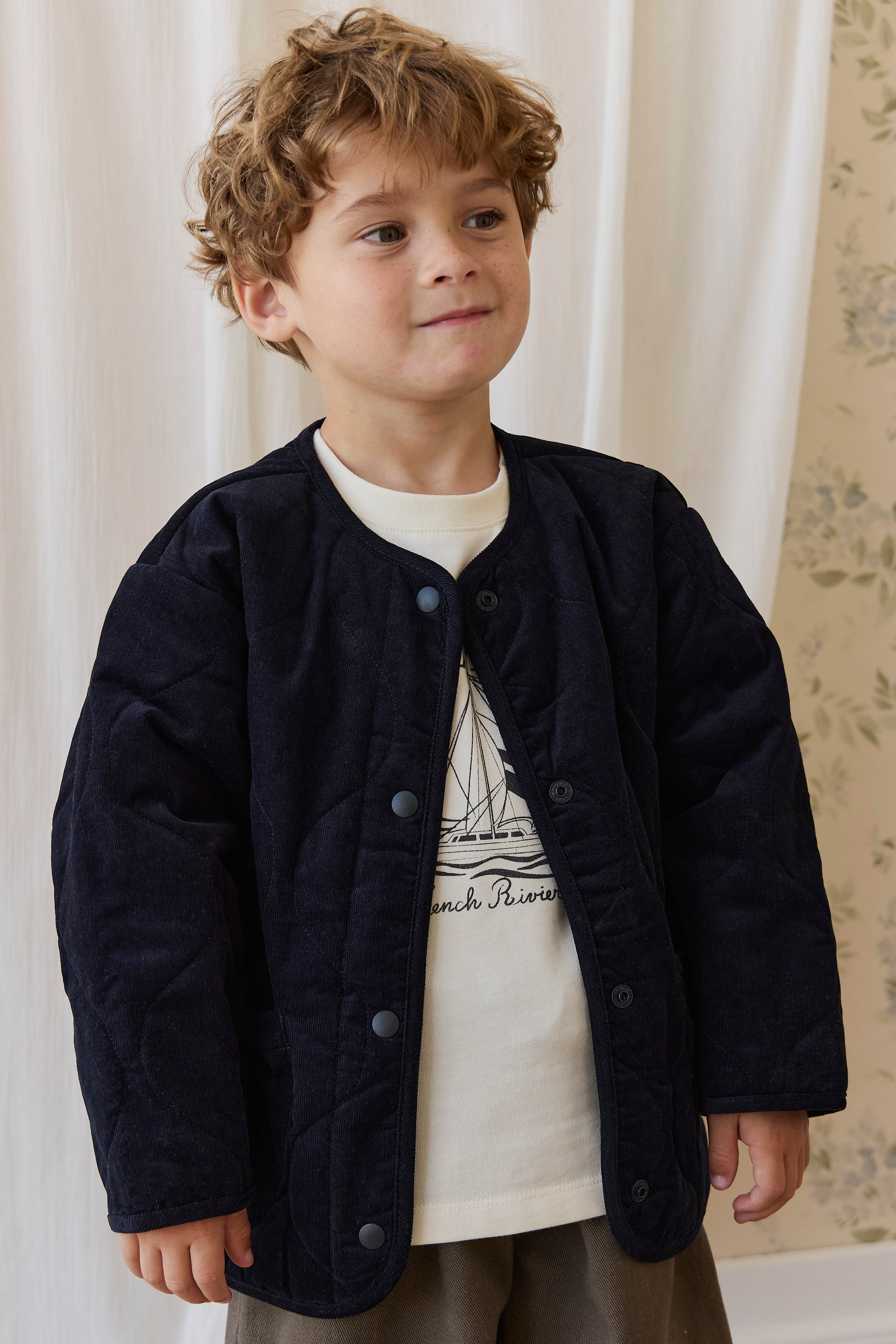Warm Cream Quilted Cotton Puffer Jacket with Peter Pan Collar & Button Front for Kids 6M–8Y