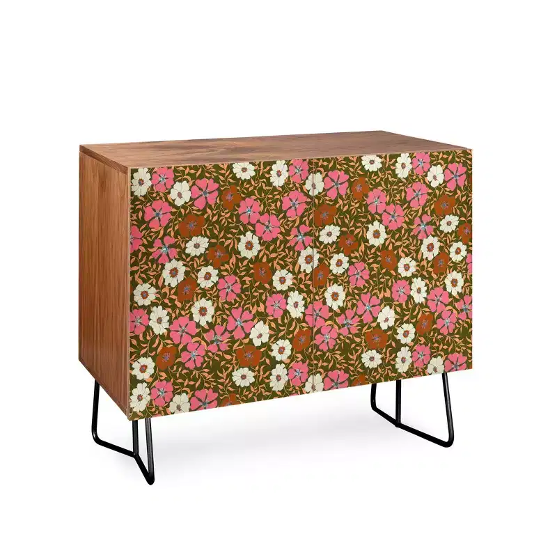 Jirra Floral Olive Walnut Credenza - 2 Doors, Adjustable Shelf