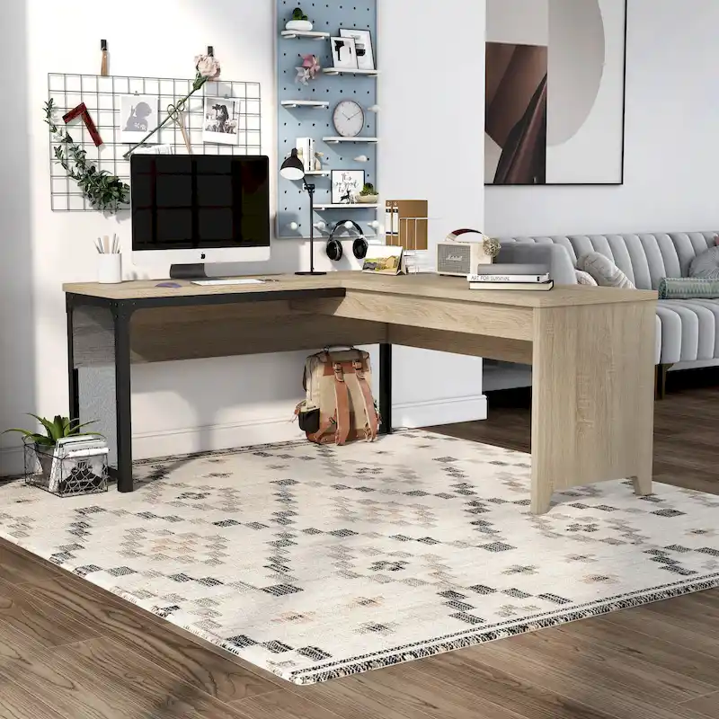 L-Shaped Standing Desk with Natural Oak Desktop & Iron Frame, 65