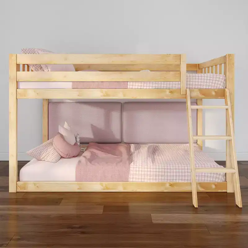 Low Twin over Twin Bunk Bed with 2 Floating Boucle Headboards, Solid Pine