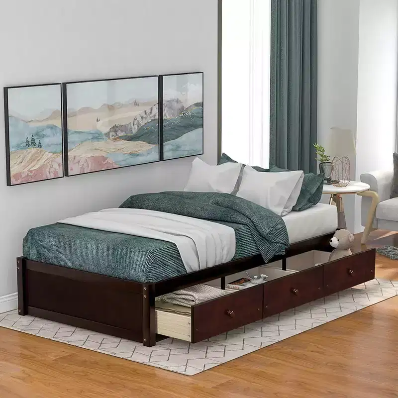 Twin Size Platform Storage Bed With 3 Drawers Easy Assembly Platform Bed Frames No Box Spring Needed Wooden Slat Support