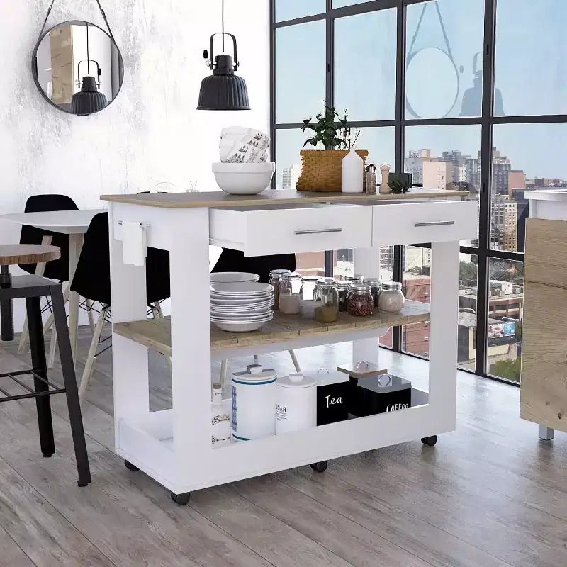 46IN Kitchen Island with 2 Open Shelves, 2 Drawers and Metal Handles, Kitchen Cart on Wheels, White