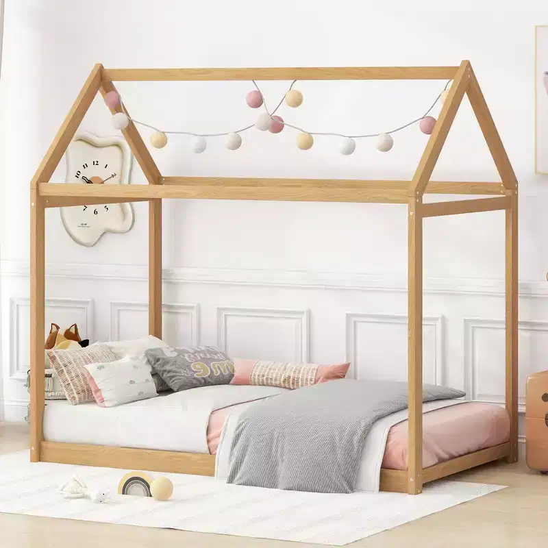 Bellemave House Bed for Kids, Twin Floor Bed, Pine Wood House Floor Bed, Montessori Bed for Kids, Wood ColorPine Wood
