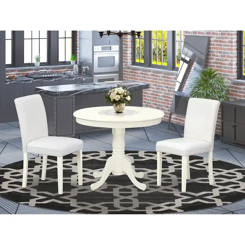 Dining Table Set- A Round Kitchen Table and White Faux Leather Parson Chairs, Linen White (Pieces Options)